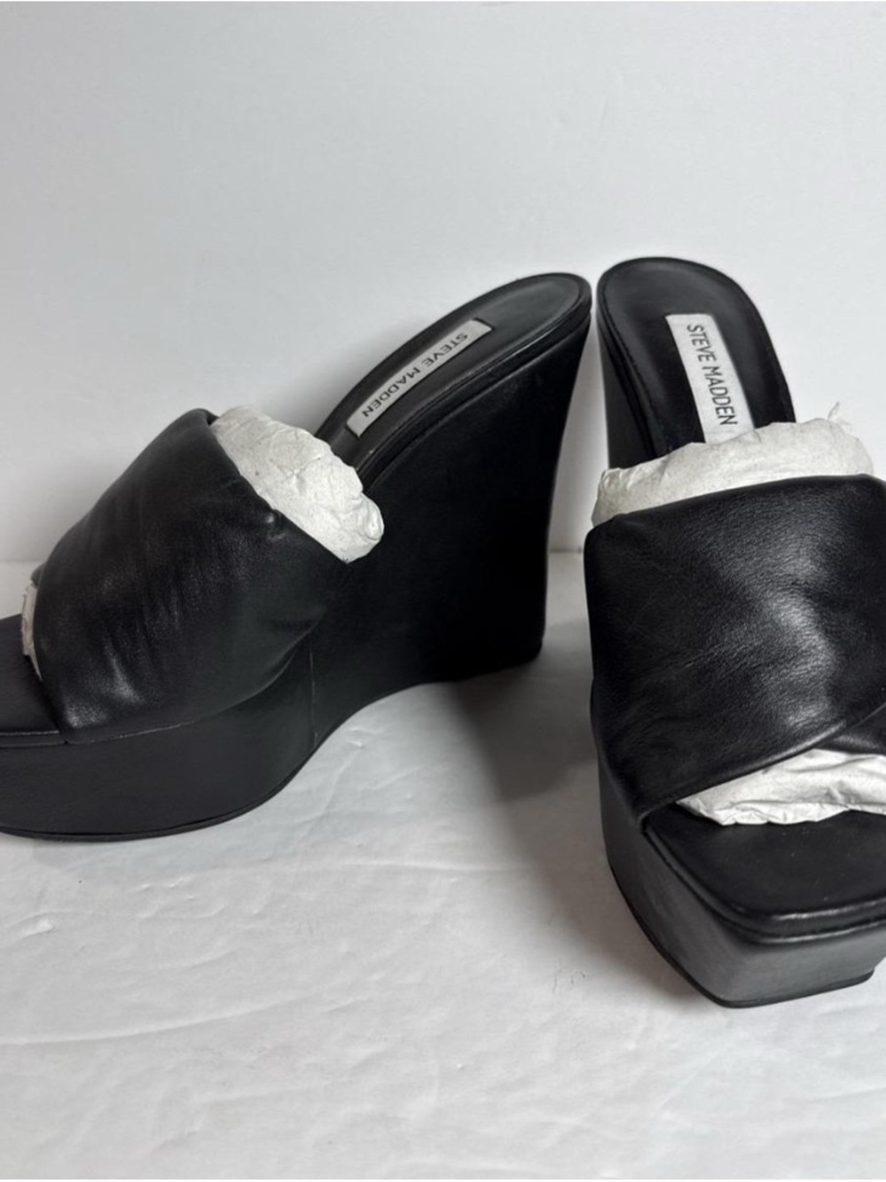 Steve Madden Black Leather Platform Wedge Mules